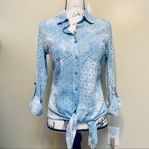 Faux denim eyelet button down shirt